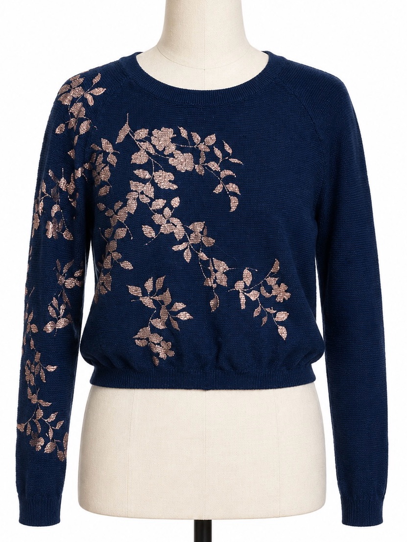 Knitted & Knotted Navy Gold Foil Leaf Cashmere Blend Sweater M